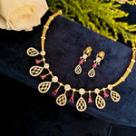 Load image into Gallery viewer, Designer Gold Necklace Set with Ruby and CZ Stone Drops
