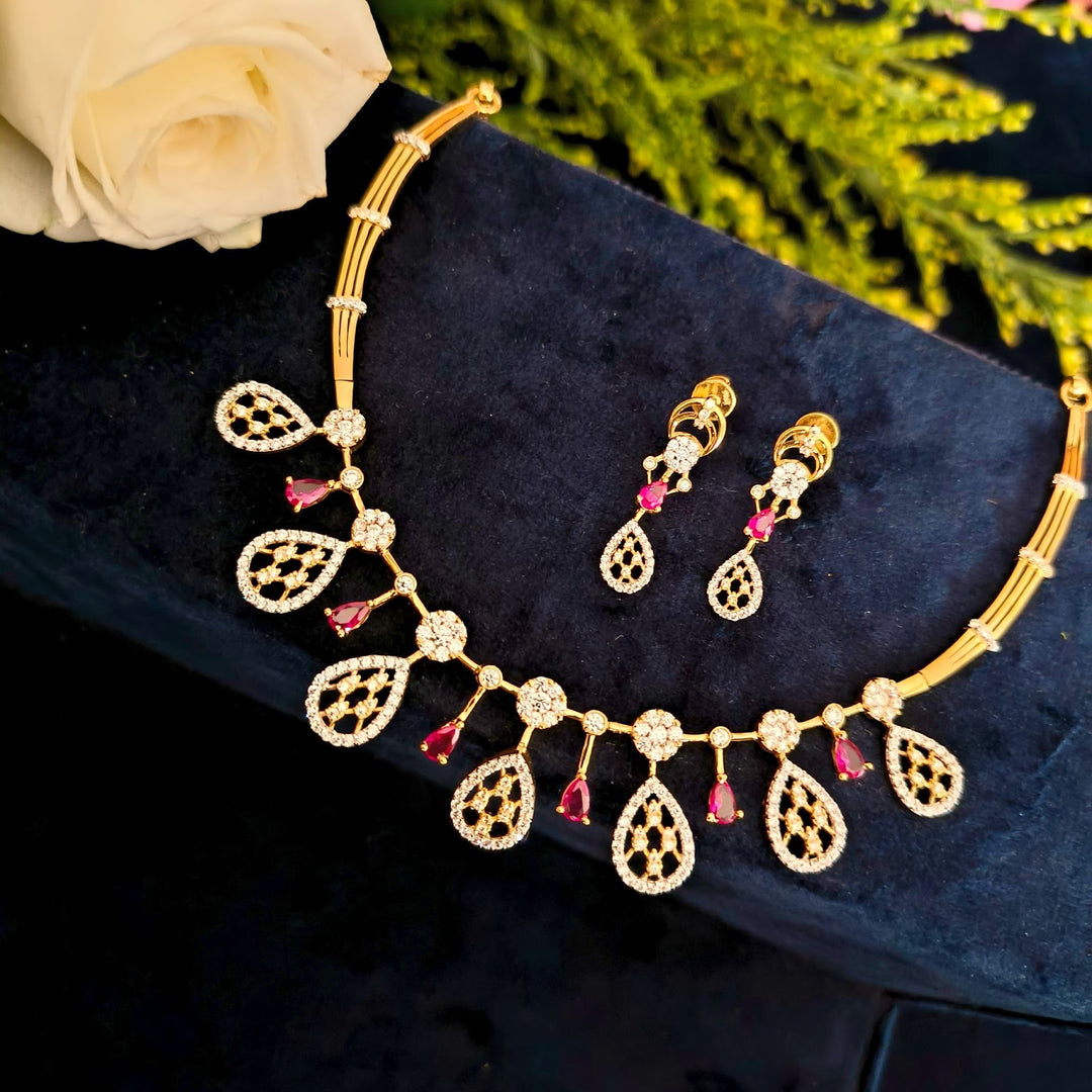 Designer Gold Necklace Set with Ruby and CZ Stone Drops