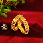 Load image into Gallery viewer, Gold Bangles with Pink &amp; Green Stone Floral Motif
