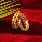 Load image into Gallery viewer, Classic Textured Gold Bangles with Ruby-Colored and Diamond Accents
