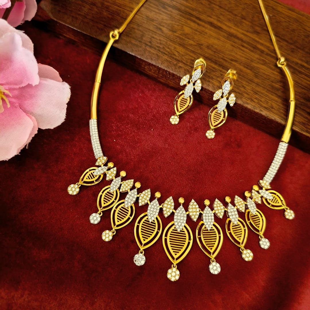 Leaf Motif Gold Necklace Set with Sparkling Stone Detailing