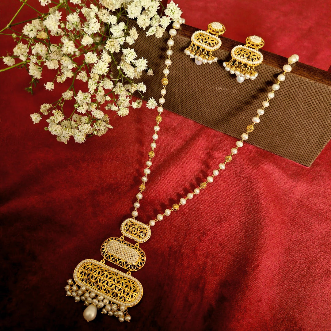 Beautiful Pearl Drop Gold Necklace Set with Filigree Detailing