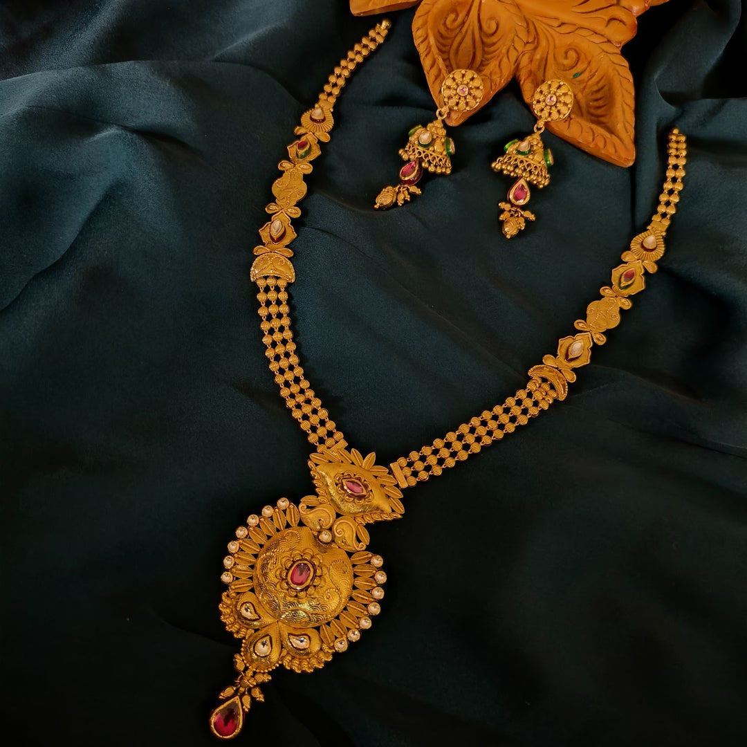 Heritage Gold Necklace Set with Ruby Stones and Antique Finish