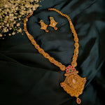 Load image into Gallery viewer, Temple-Inspired Gold Necklace Set with Ruby &amp; Emerald Stones

