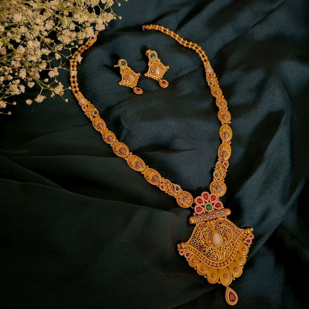 Temple-Inspired Gold Necklace Set with Ruby & Emerald Stones