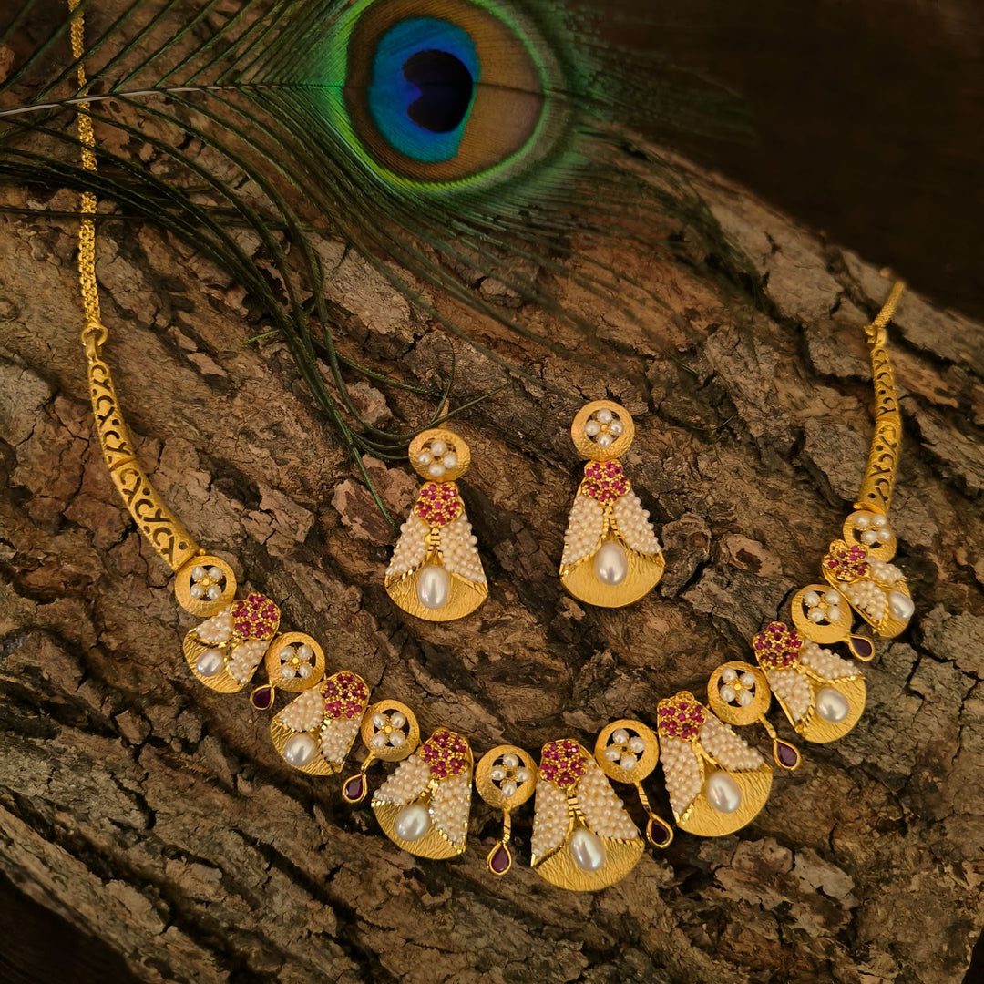 Gold Necklace Set with Pearl Drops and Red Stone Detailing