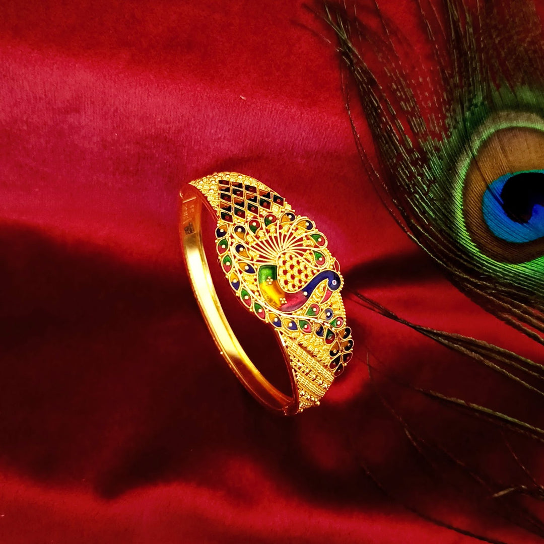 Peacock Motif Gold Kada with Meenakari Accents