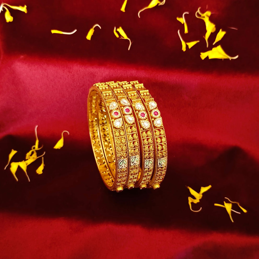 Bridal 4-Piece Gold Bangle Set with Vintage Ruby colored and Diamond Touches