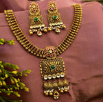 Load image into Gallery viewer, Antique Gold Temple Necklace Set with Earrings - green and pink stones
