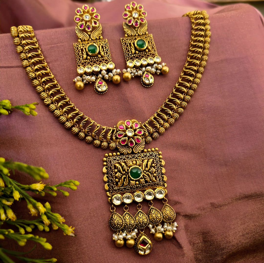 Antique Gold Temple Necklace Set with Earrings - green and pink stones