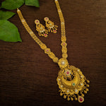 Load image into Gallery viewer, Gold Temple Necklace Set with Floral &amp; Crescent Pendant Design
