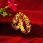Load image into Gallery viewer, Temple-Style Real Gold Bangles with Pink &amp; Green Floral Motif
