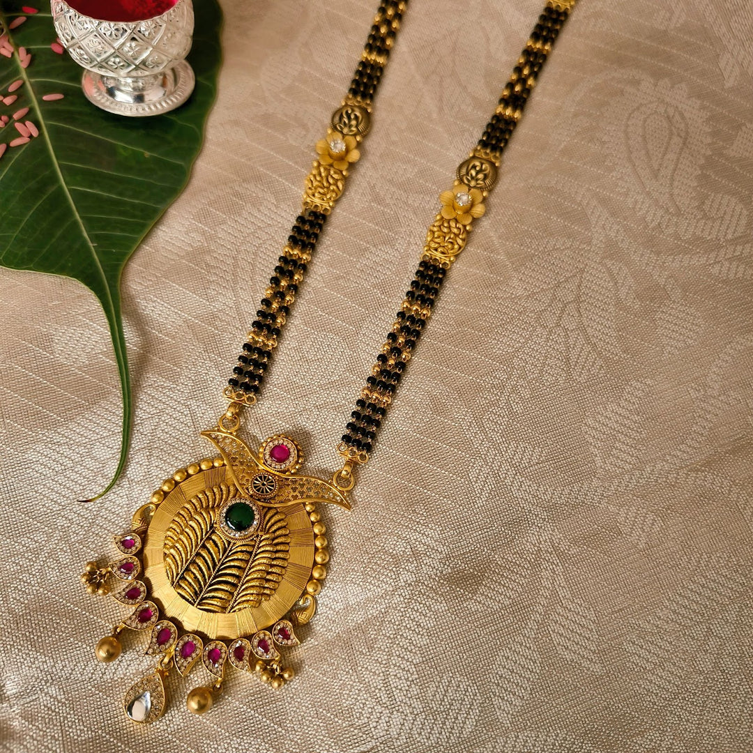 Gold Antique Designer Mangalsutra with Pink and Green Stones for Women