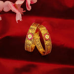 Load image into Gallery viewer, Floral Gold Bangles with Pink Enamel and Stone Accents
