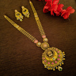 Load image into Gallery viewer, Gold Temple Necklace Set with Pink Stone and Kundan Accents
