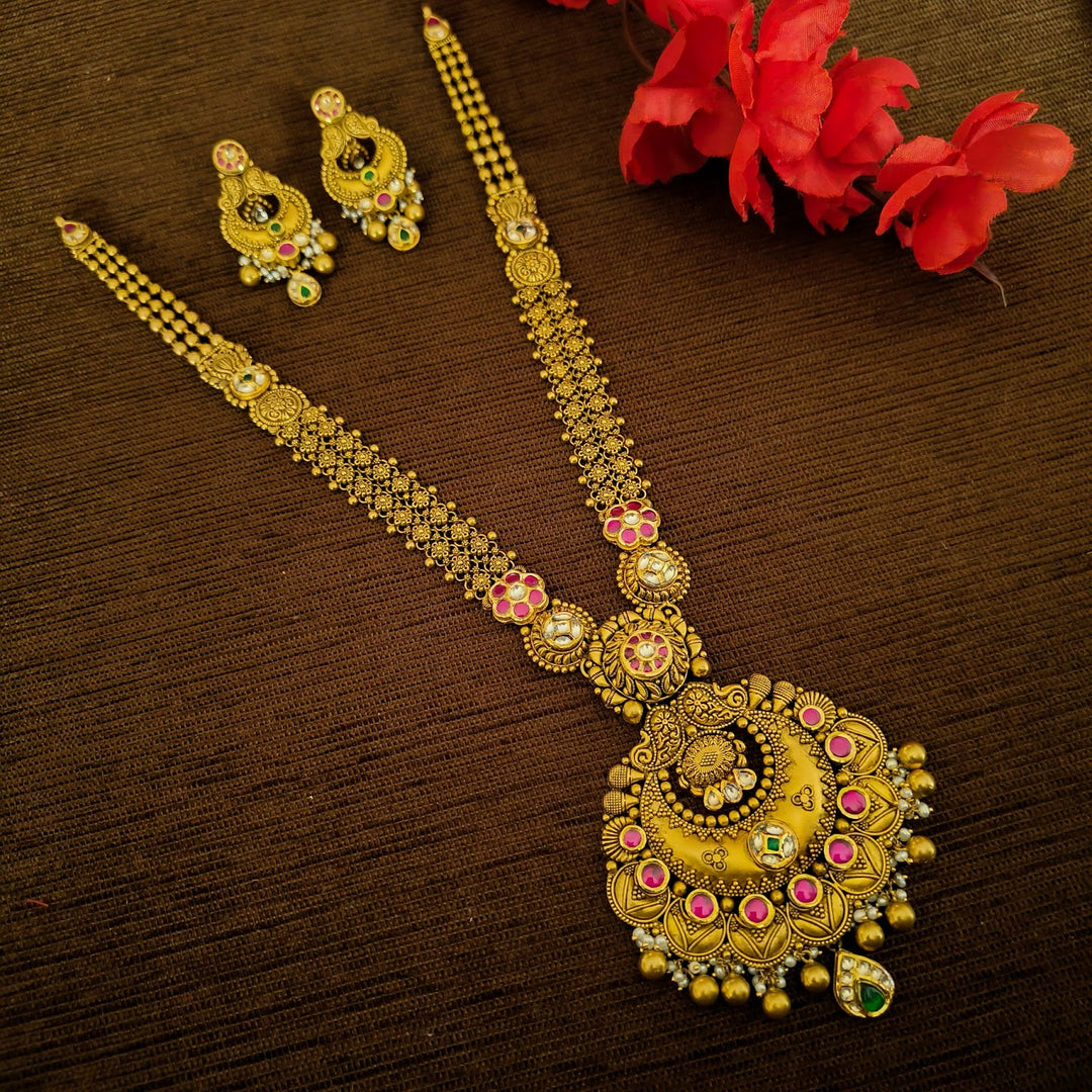Gold Temple Necklace Set with Pink Stone and Kundan Accents