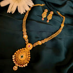 Load image into Gallery viewer, Antique Gold Necklace Set with Ruby-Green Stones &amp; Designer Pendant
