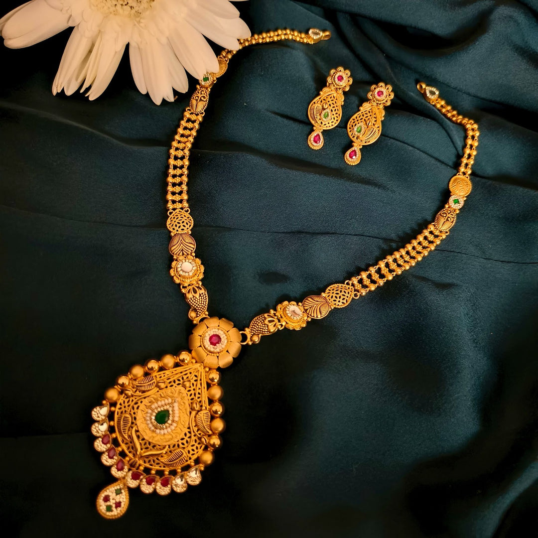 Antique Gold Necklace Set with Ruby-Green Stones & Designer Pendant