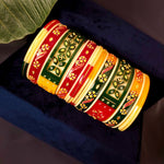 Load image into Gallery viewer, Traditional Green, Red &amp; Yellow Bridal Chuda Bangles Set with Indian Motifs
