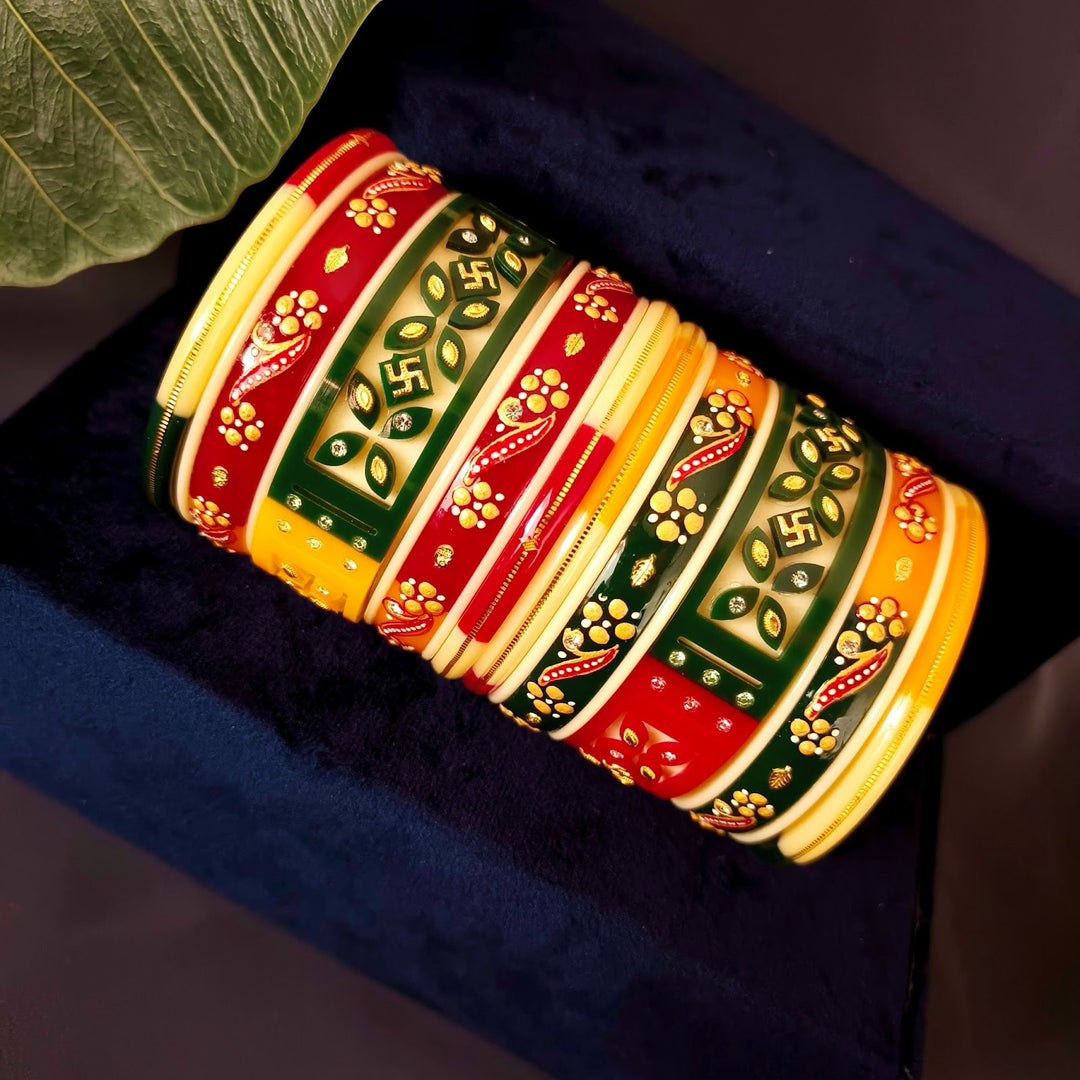 Traditional Green, Red & Yellow Bridal Chuda Bangles Set with Indian Motifs
